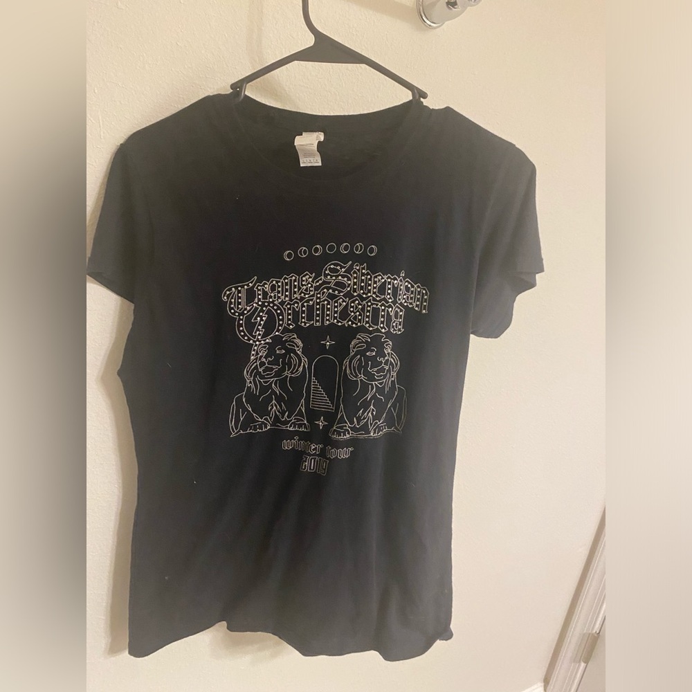 Black tee, tight, bedazzled with silver gems